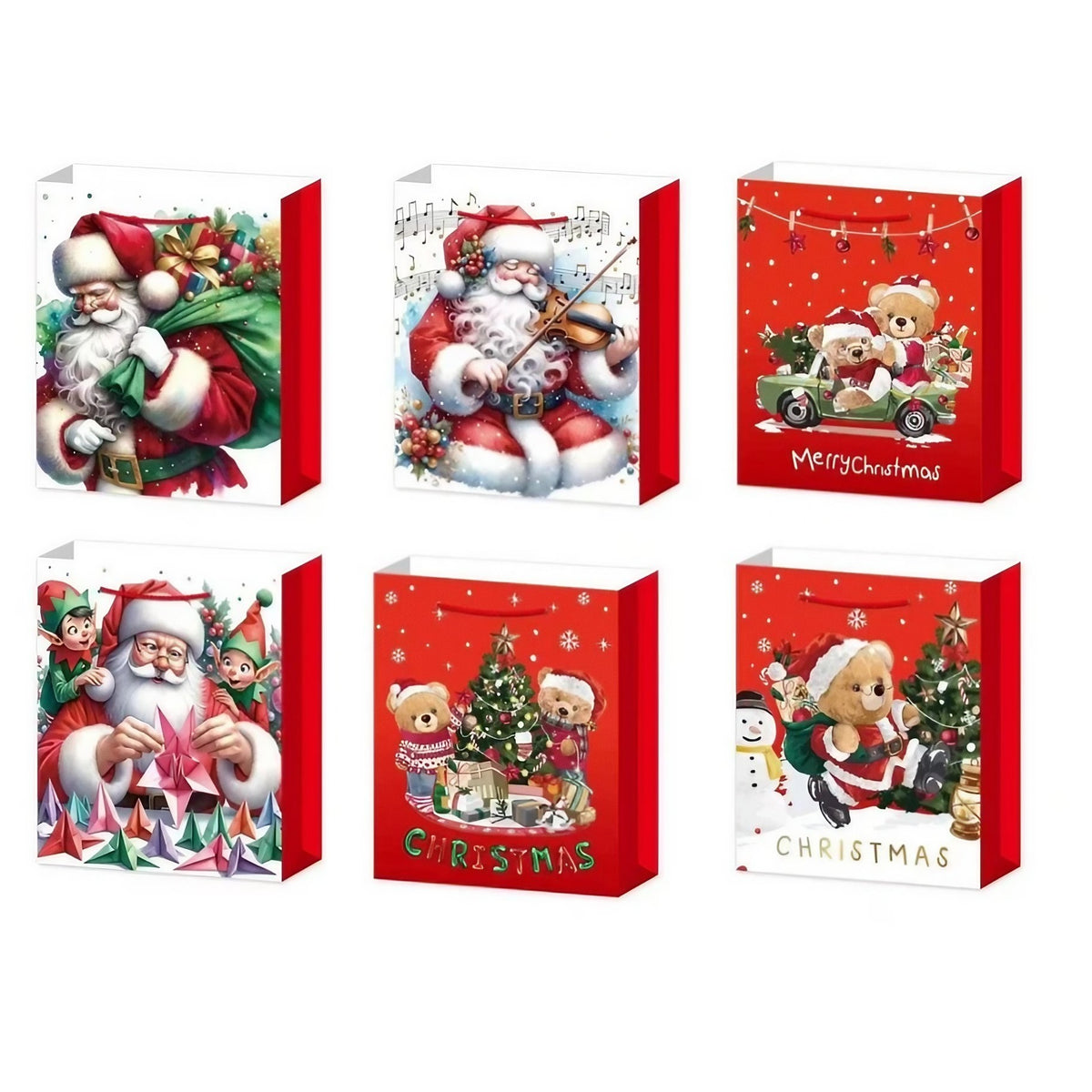 Set 6 Pungi Cadou Craciun, Modele Festive cu Mos Craciun si Brazi, Hartie Premium, Design Aleatoriu, Multicolor, 18.5x22.5x8.5 cm