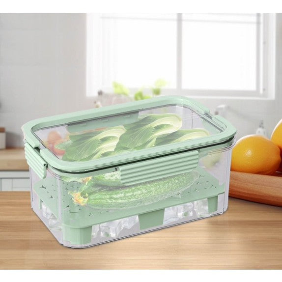 Cutie Depozitare Alimente cu 2 Compartimente, Zona pentru Gheata si Maner, Material PET cu Capac Transparent, 23x15x10.8 cm, Verde