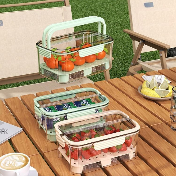 Cutie Depozitare Alimente cu 2 Compartimente, Zona pentru Gheata si Maner, Material PET cu Capac Transparent, 23x15x10.8 cm, Verde
