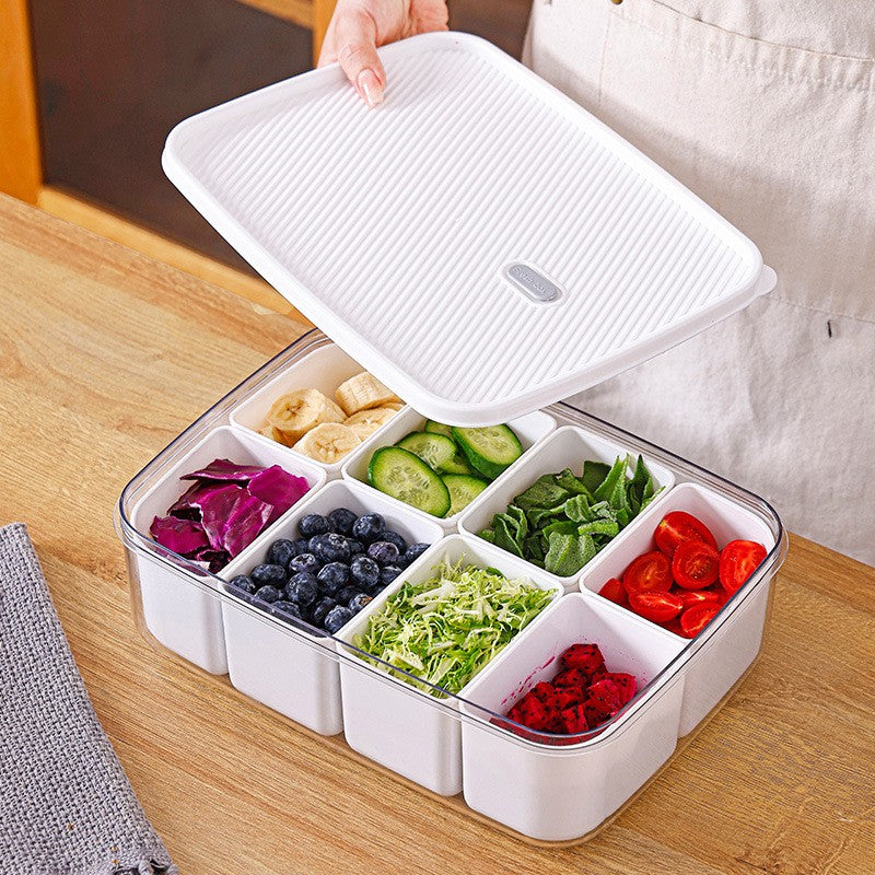 Cutie Depozitare Alimente cu 8 Compartimente Detasabile si Capac Ermetic, Organizator Frigider si Congelator, Material PET si PP, 29 x 20 x 9 cm, Alb/Transparent