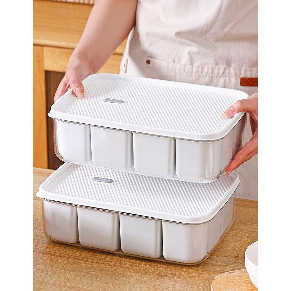 Cutie Depozitare Alimente cu 8 Compartimente Detasabile si Capac Ermetic, Organizator Frigider si Congelator, Material PET si PP, 29 x 20 x 9 cm, Alb/Transparent