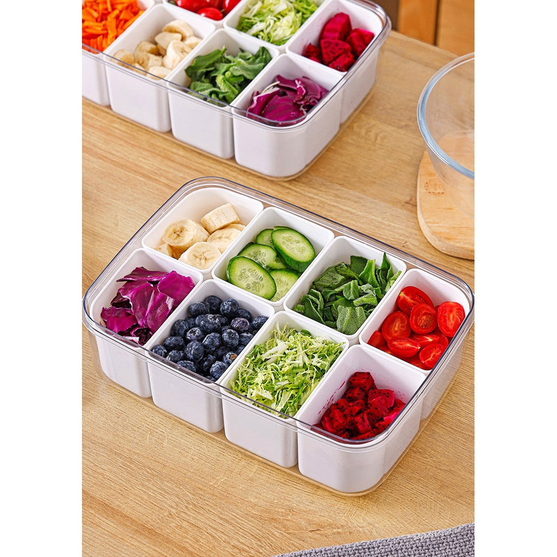 Cutie Depozitare Alimente cu 8 Compartimente Detasabile si Capac Ermetic, Organizator Frigider si Congelator, Material PET si PP, 29 x 20 x 9 cm, Alb/Transparent