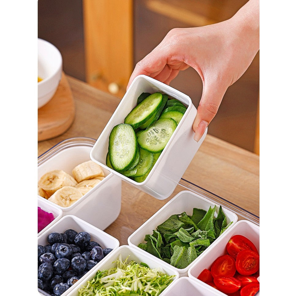 Cutie Depozitare Alimente cu 8 Compartimente Detasabile si Capac Ermetic, Organizator Frigider si Congelator, Material PET si PP, 29 x 20 x 9 cm, Alb/Transparent
