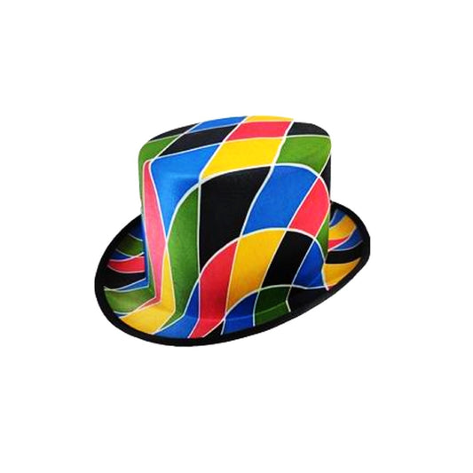 Pălărie Decorativă Petreceri, Model Magician cu Top Plat, Imprimeu Carouri, Material Fetru Ușor, Multicolor, 30 x 25 x 16 cm