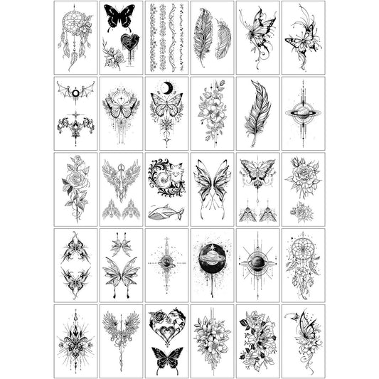 Set Tatuaje Temporare Realiste, Aplicare cu Apa pe Piele, Modele Artistice Versatile, Material Sigur si Rezistent, Negru, 30 Bucati