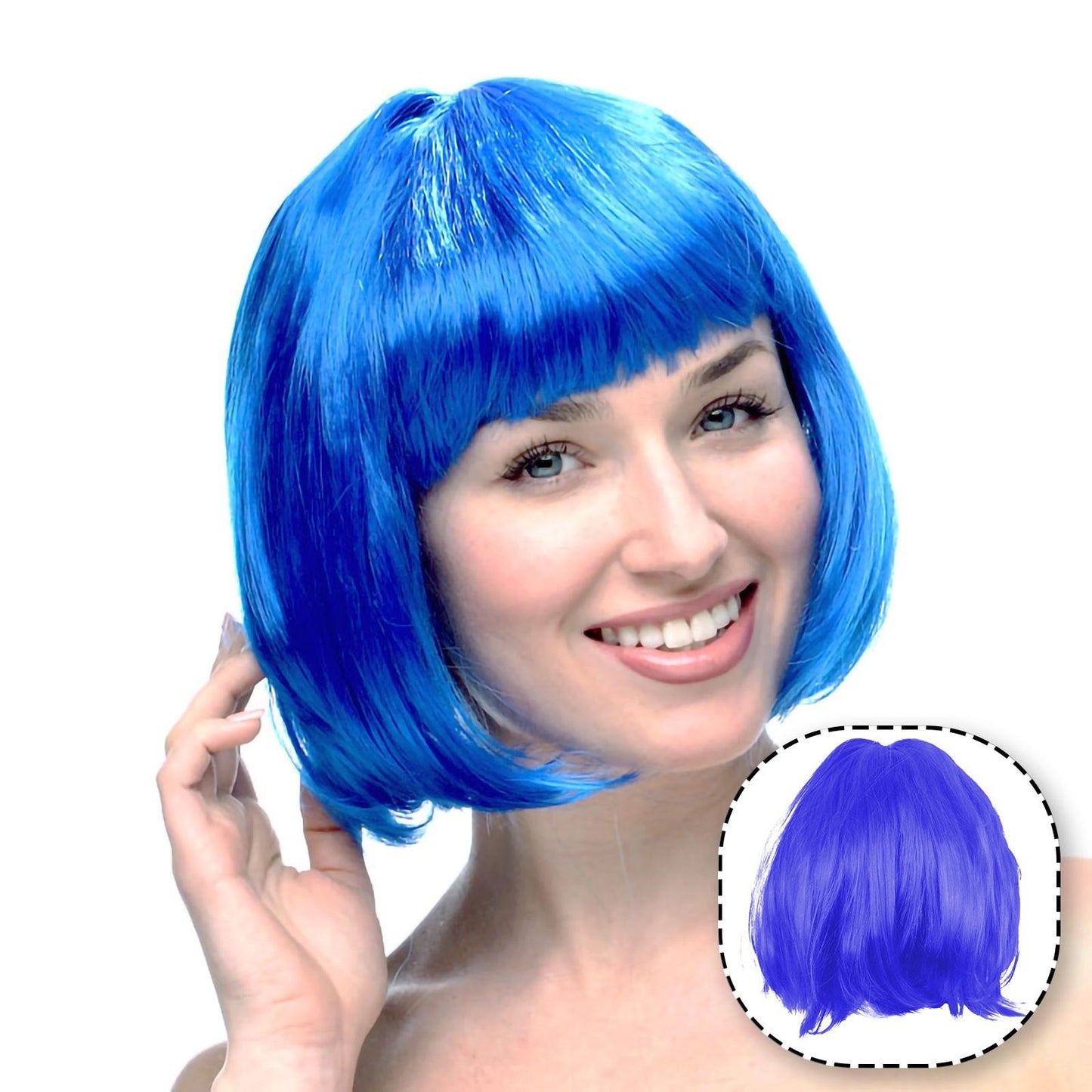 Peruca Cosplay Bob cu Breton, Accesoriu Carnaval si Petreceri Tematice, Material Sintetic PET, Marime Universala, 100 g, Albastru
