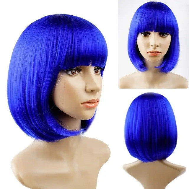 Peruca Cosplay Bob cu Breton, Accesoriu Carnaval si Petreceri Tematice, Material Sintetic PET, Marime Universala, 100 g, Albastru