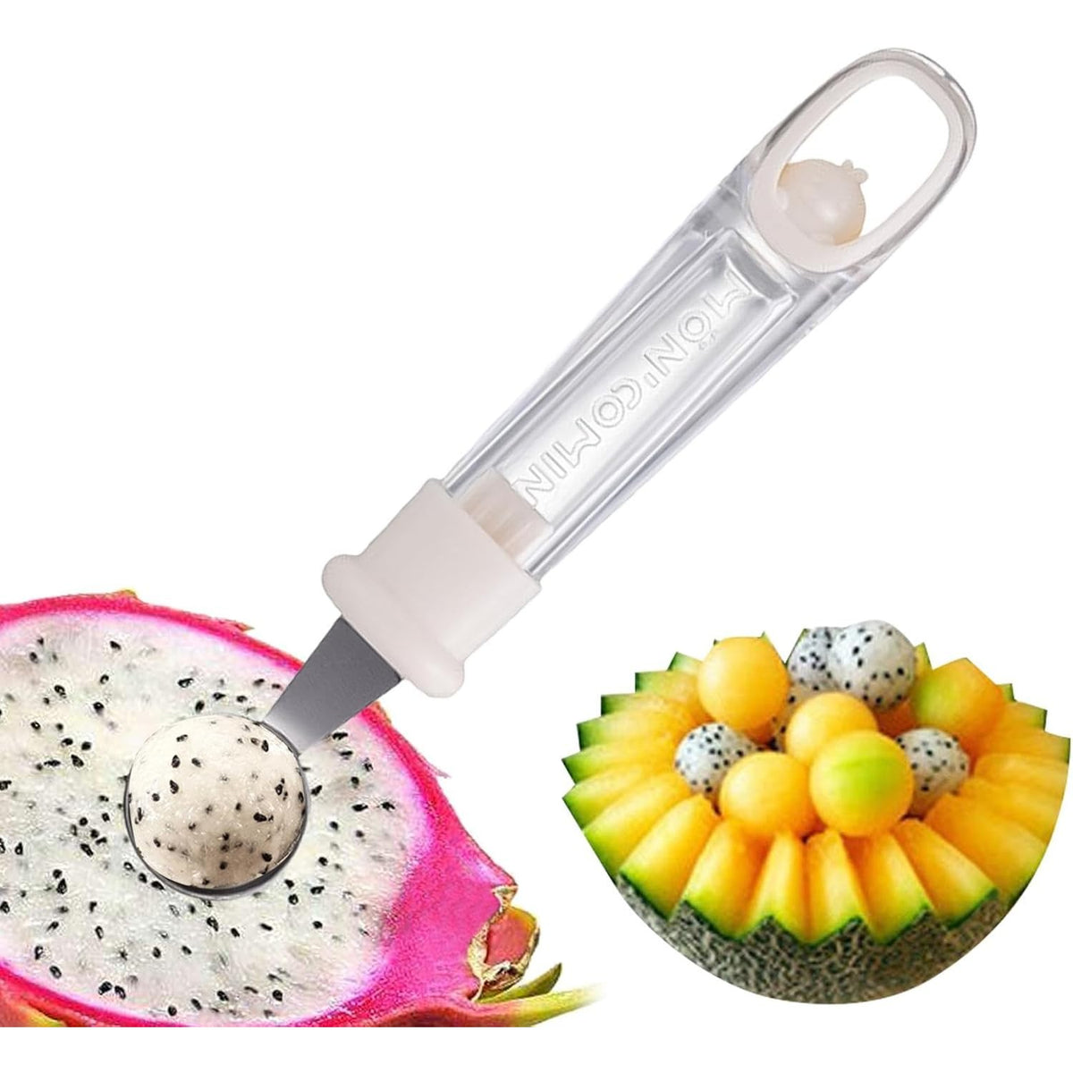 Lingura pentru Bile de Fructe si Pepene, Ustensila Multifunctionala pentru Sculptat cu Maner Antiderapant si Orificiu de Aerisire, Plastic si Otel Inoxidabil, 17.6 x 2.9 cm, Bej