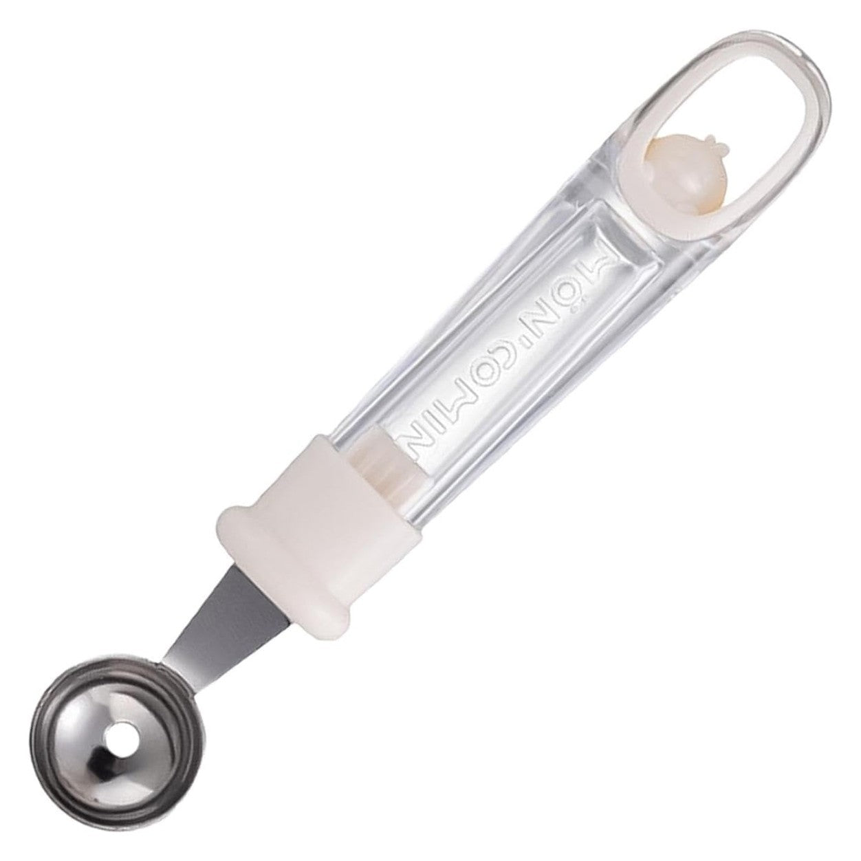 Lingura pentru Bile de Fructe si Pepene, Ustensila Multifunctionala pentru Sculptat cu Maner Antiderapant si Orificiu de Aerisire, Plastic si Otel Inoxidabil, 17.6 x 2.9 cm, Bej