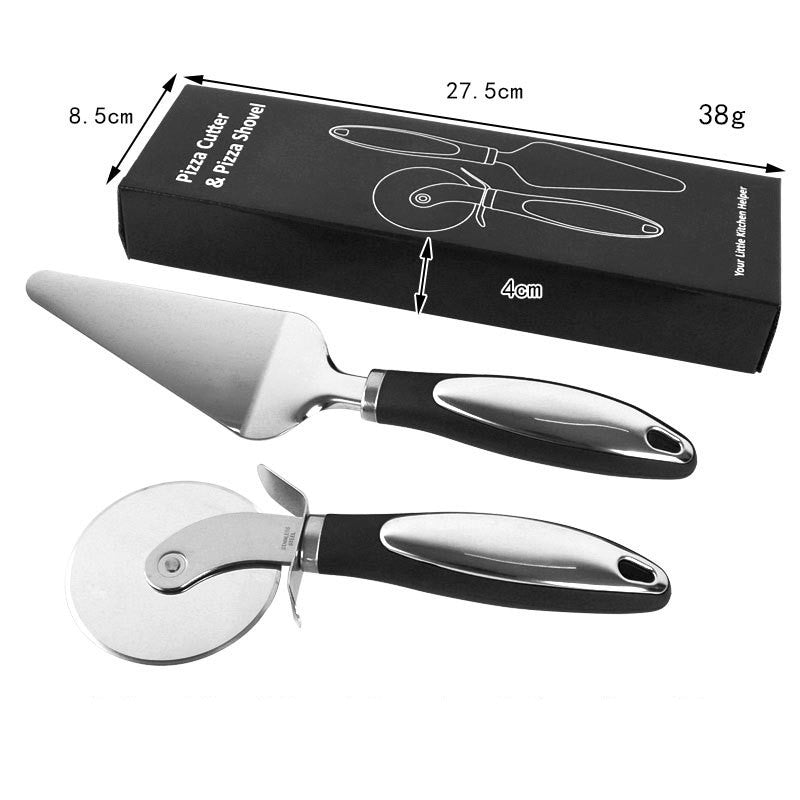 Set 2 Ustensile Pizza cu Feliator si Lopatica, Otel Inoxidabil, Maner Antiderapant Ergonomic, 26.5 x 8 x 3 cm, Negru