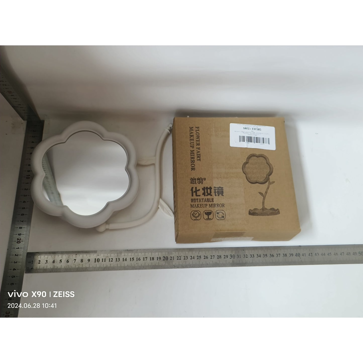 Oglindă de Machiaj pentru Birou, Model Floarea Soarelui, Rotativă și Detașabilă, Suport Organizator Bijuterii, Albă