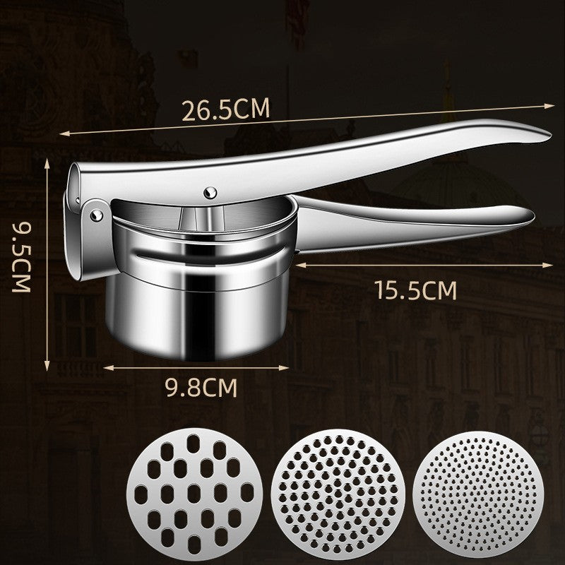 Presa Storcator Manual pentru Fructe si Legume, Zdrobitor de Cartofi cu Maner Ergonomic, Otel Inoxidabil, 3 Discuri Interschimbabile, 26.5 x 9.8 x 9.5 cm, Argintiu