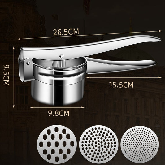Presa Storcator Manual pentru Fructe si Legume, Zdrobitor de Cartofi cu Maner Ergonomic, Otel Inoxidabil, 3 Discuri Interschimbabile, 26.5 x 9.8 x 9.5 cm, Argintiu