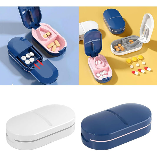 Organizator Medicamente 3 In 1, Dispozitiv Pentru Taiere Si Sfarmare Pastile, Compartiment Depozitare Si Perie Curatare, Plastic ABS, 8.5x4.5x2.5 cm, Alb