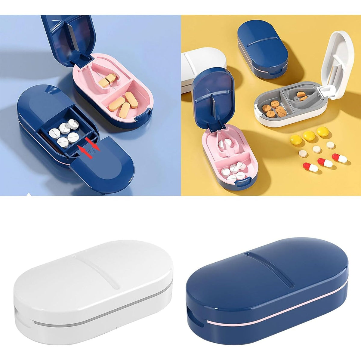 Organizator Medicamente 3-in-1, Dispozitiv pentru Taiere si Sfaramare Pastile, Compartiment Depozitare, Perie Curatare Inclusa, Portabil, 8.5x4.5x2.5 cm, Albastru