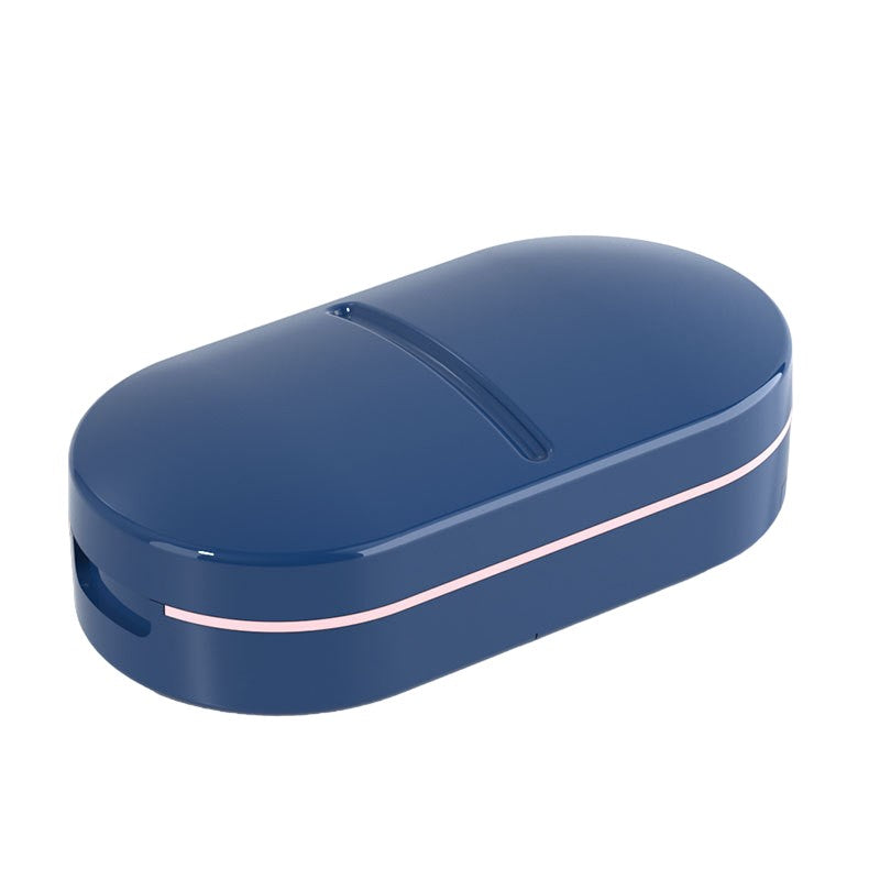 Organizator Medicamente 3-in-1, Dispozitiv pentru Taiere si Sfaramare Pastile, Compartiment Depozitare, Perie Curatare Inclusa, Portabil, 8.5x4.5x2.5 cm, Albastru