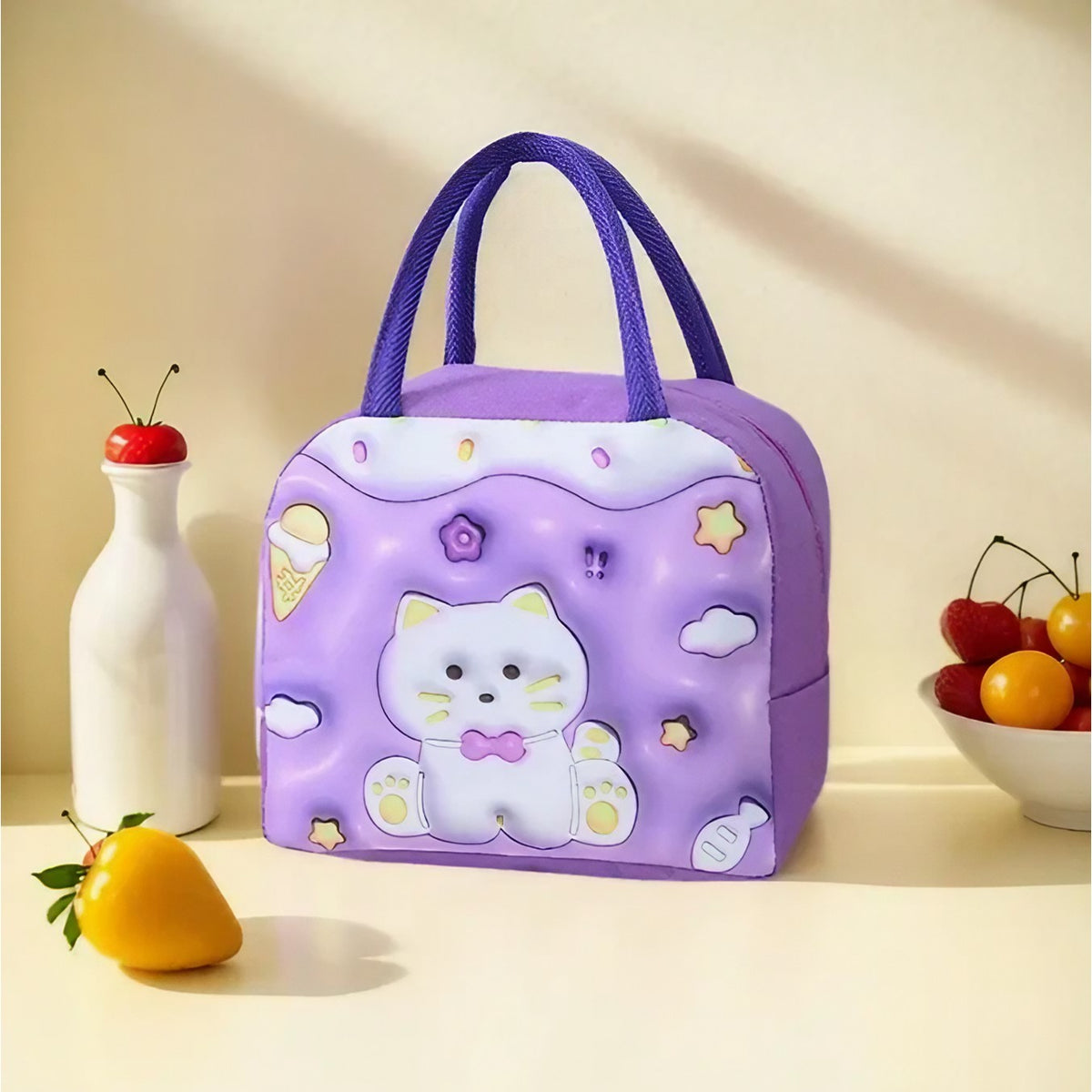 Geanta Frigorifica pentru Pranz Copii, Izolata Termic cu Desene Animate 3D, Portabila pentru Gradinita si Scoala, Panza Oxford, 23x13x19 cm, Model Pisicuta, Mov