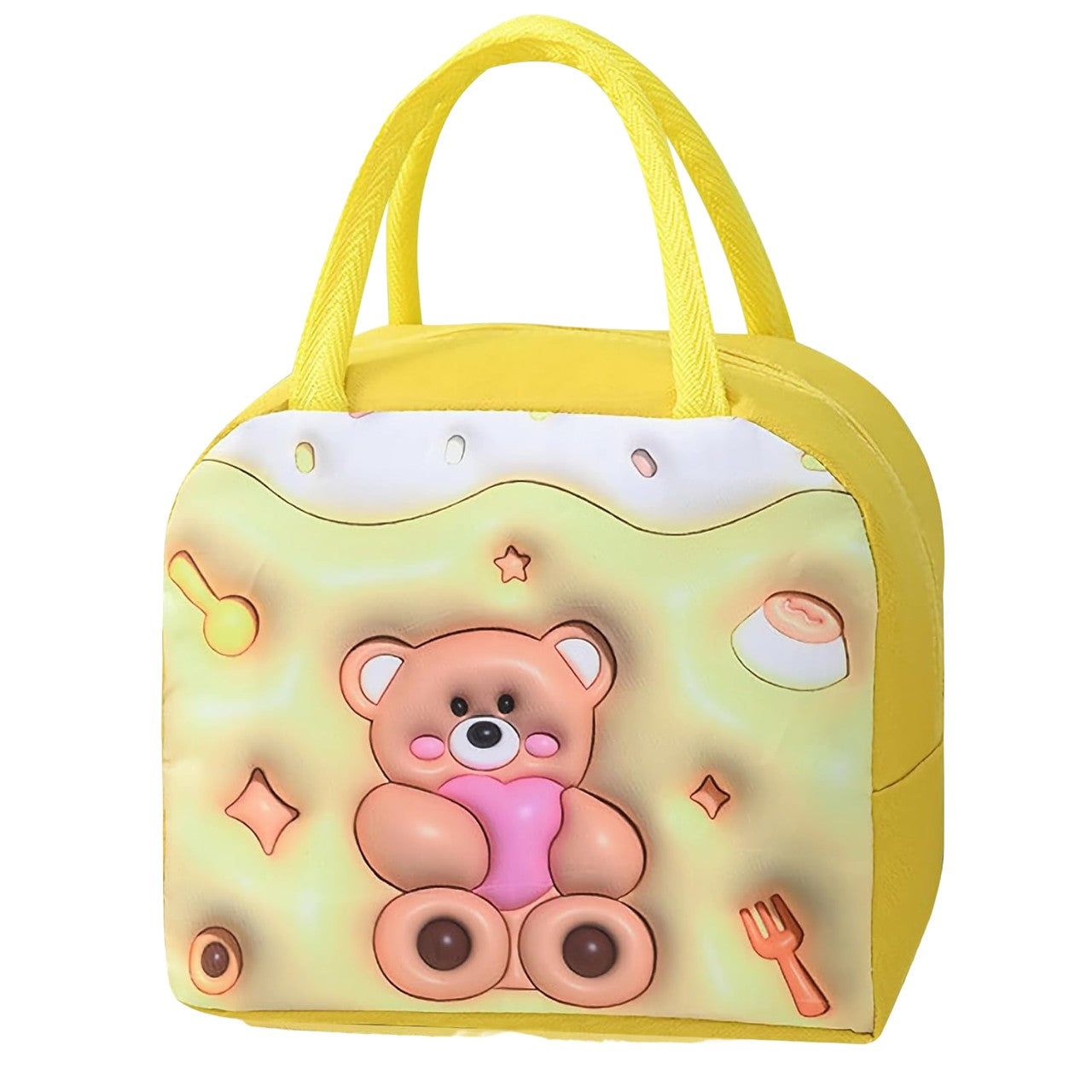 Geantă Frigorifică pentru Prânz, Izolată Termic cu Design 3D pentru Copii, Pânză Oxford, 23x13x19 cm, Model Ursulet, Galben