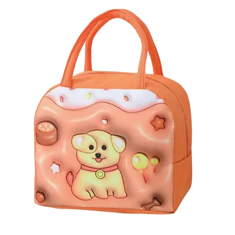 Geantă Frigorifică pentru Prânz, Termoizolantă cu Design 3D Animale, Portabilă pentru Copii, Pânză Oxford, 23x13x19 cm, Model Cățeluș, Maro