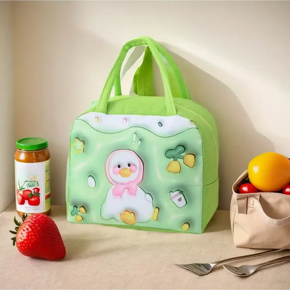 Geanta Frigorifica pentru Copii, Izolatie Termica si Desene Animate 3D, Portabila pentru Pranz, Panza Oxford, 23x13x19 cm, Model Ratusca, Verde