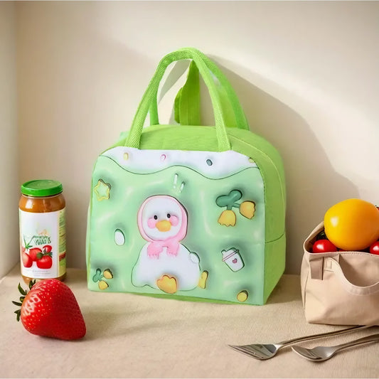 Geanta Frigorifica pentru Copii, Izolatie Termica si Desene Animate 3D, Portabila pentru Pranz, Panza Oxford, 23x13x19 cm, Model Ratusca, Verde