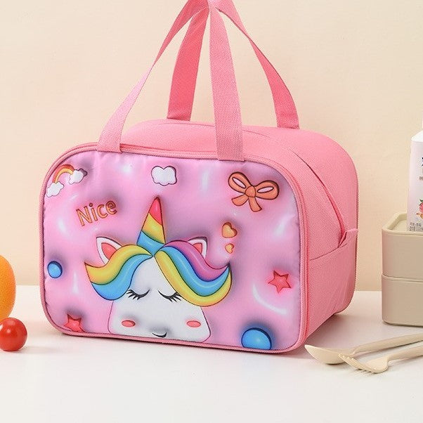 Geantă Frigorifică pentru Prânz Copii, Izolată Termic cu Design 3D Animale, Pânză Oxford Rezistentă, 27.5x18x20 cm, Model Unicorn, Roz