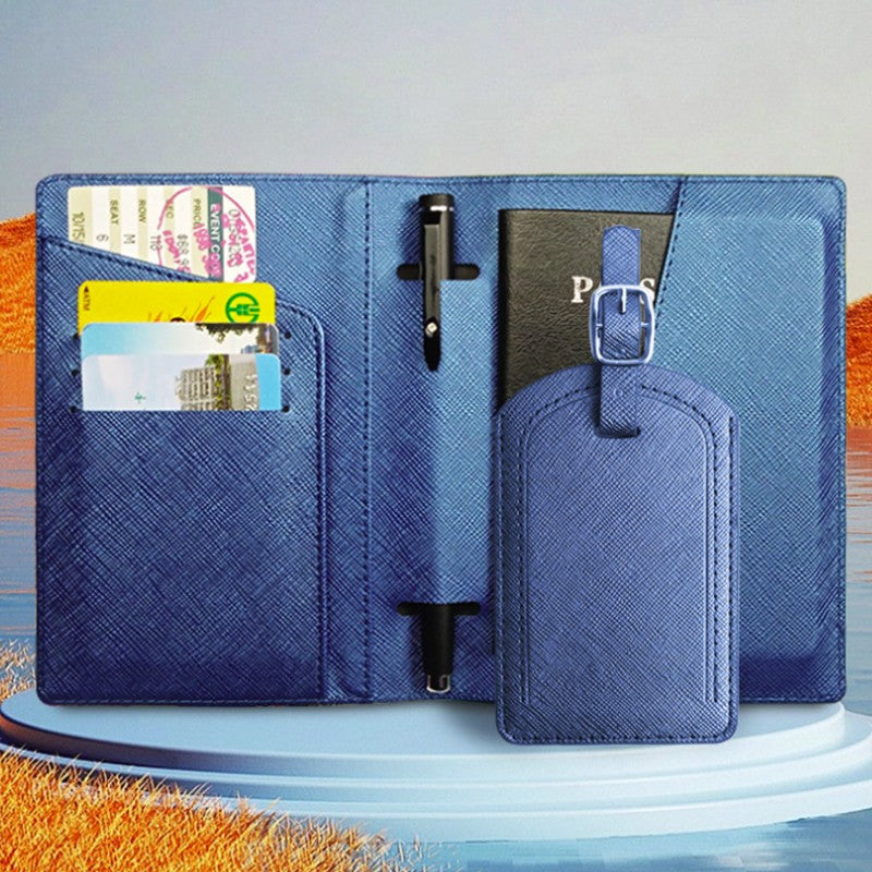 Portofel pentru Pasaport si Carduri, Set Calatorie cu Eticheta Bagaje si Suport Pix, Piele PU, Protectie Documente, Multifunctional, Unisex, 23x16 cm, Albastru