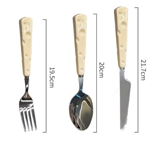 Set Tacamuri pentru Copii, Lingura Furculita si Cutit, Stil Italian cu Maner Forma Cascaval, Otel Inoxidabil si Plastic, 23 cm, 3 Piese, Auriu