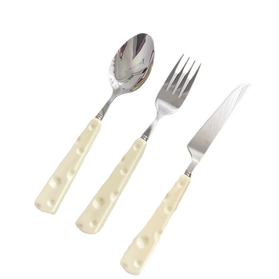 Set Tacamuri pentru Copii, Lingura Furculita si Cutit, Stil Italian cu Maner Forma Cascaval, Otel Inoxidabil si Plastic, 23 cm, 3 Piese, Auriu