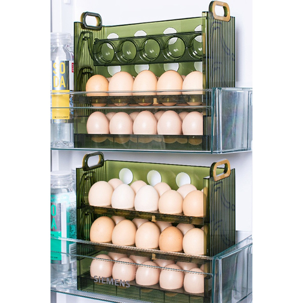 Suport Organizator pentru Oua, pentru Frigider, Design Stratificat pe 3 Niveluri, Plastic Durabil cu Indicator Data Expirare, Capacitate 30 Oua, Verde Transparent, 25.5x10x23 cm