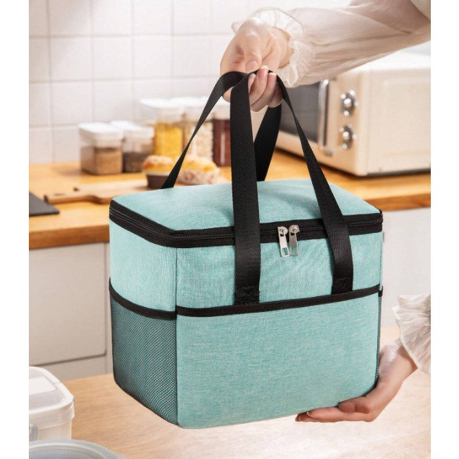 Geanta Termica pentru Pranz, Izolata si Impermeabila cu Buzunare Telefon si Tacamuri, Material Textil Rezistent, 24 x 18 x 21 cm, Verde