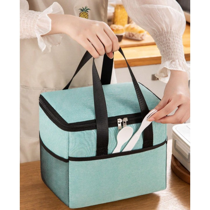 Geanta Termica pentru Pranz, Izolata si Impermeabila cu Buzunare Telefon si Tacamuri, Material Textil Rezistent, 24 x 18 x 21 cm, Verde