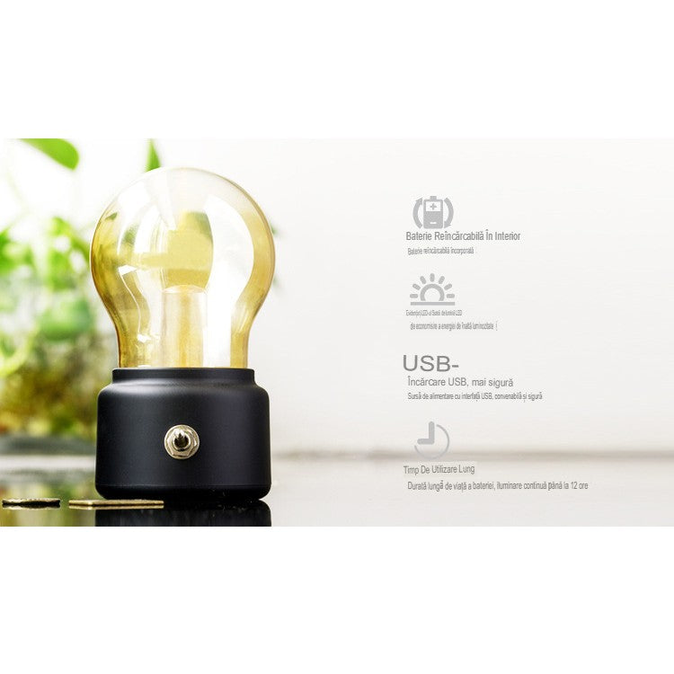 Lampa LED Decorativa Retro sub Forma de Bulb, Lumina Calda, Incarcare USB, Autonomie 12 Ore, Comutator Metalic, ABS si Sticla, Negru Transparent, 11x7x6 cm