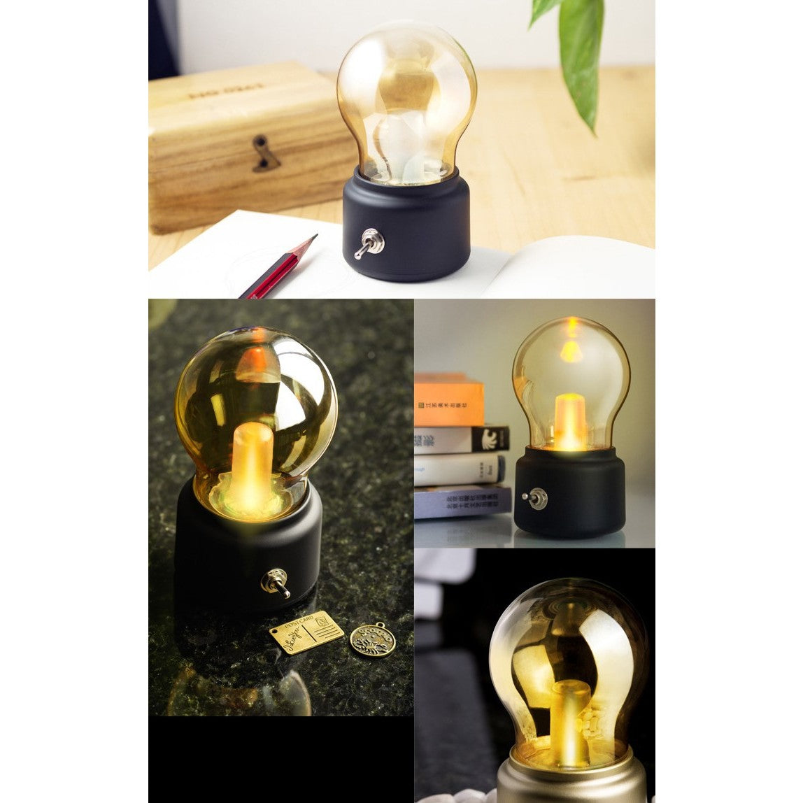 Lampa LED Decorativa Retro sub Forma de Bulb, Lumina Calda, Incarcare USB, Autonomie 12 Ore, Comutator Metalic, ABS si Sticla, Negru Transparent, 11x7x6 cm