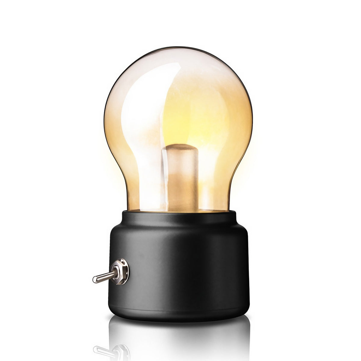 Lampa LED Decorativa Retro sub Forma de Bulb, Lumina Calda, Incarcare USB, Autonomie 12 Ore, Comutator Metalic, ABS si Sticla, Negru Transparent, 11x7x6 cm