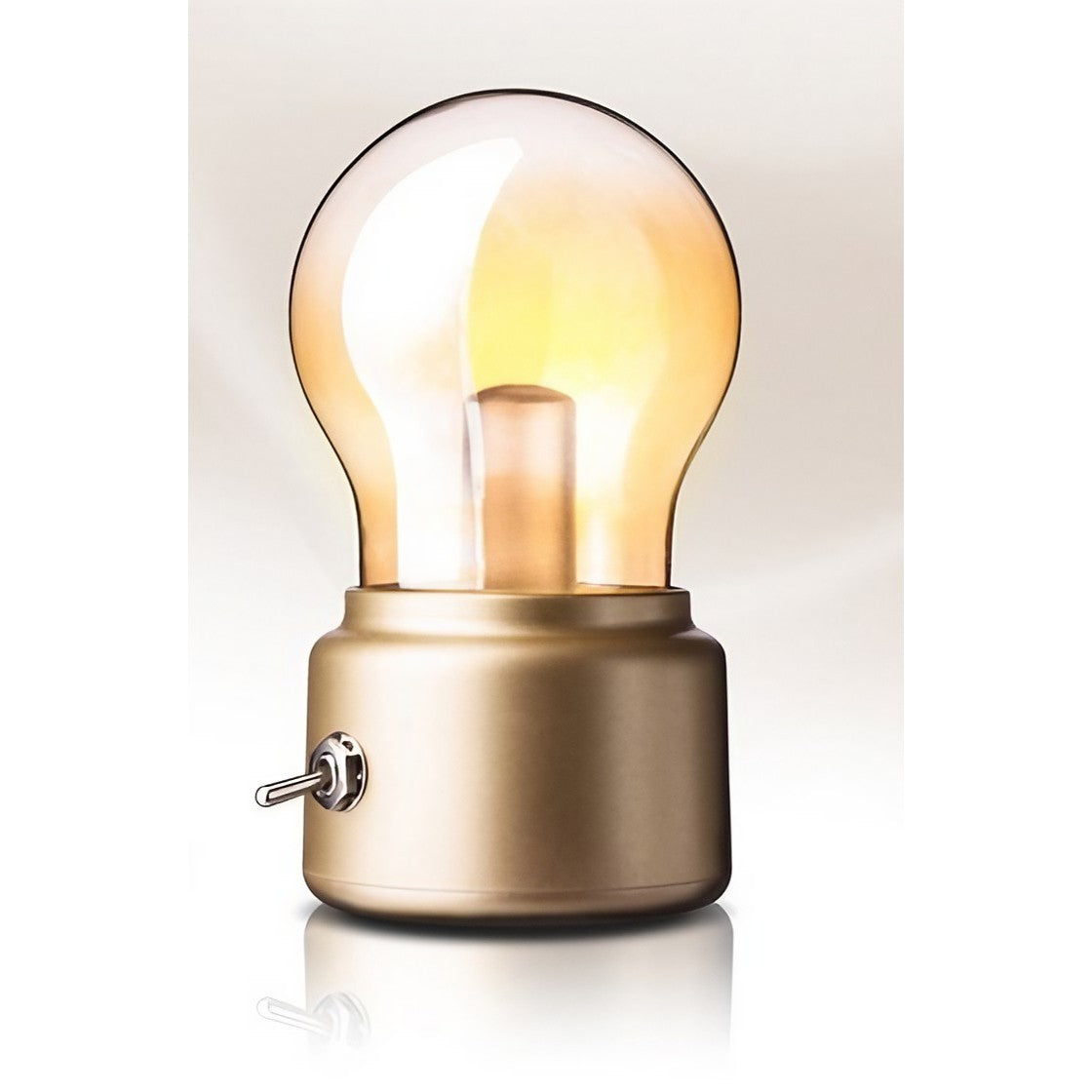 Lampa LED Decorativa Retro Sub Forma De Bulb, Lumina Calda, Comutator Metalic, Incarcare USB, Autonomie 12 Ore, Sticla si ABS, Bej Transparent, 11x7x6 cm