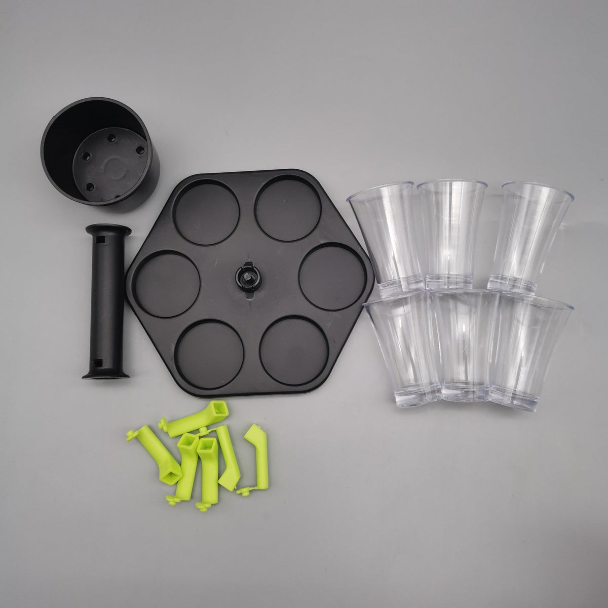 Dozator Hexagonal pentru Shoturi, Dispenser si Divizor de Bauturi cu Suport, Set Complet cu 6 Pahare din Sticla, Negru