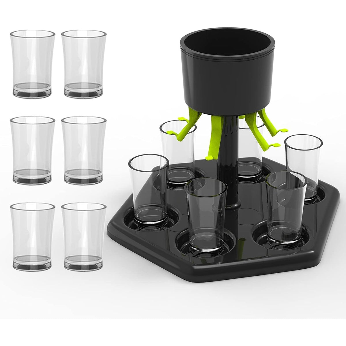 Dozator Hexagonal pentru Shoturi, Dispenser si Divizor de Bauturi cu Suport, Set Complet cu 6 Pahare din Sticla, Negru