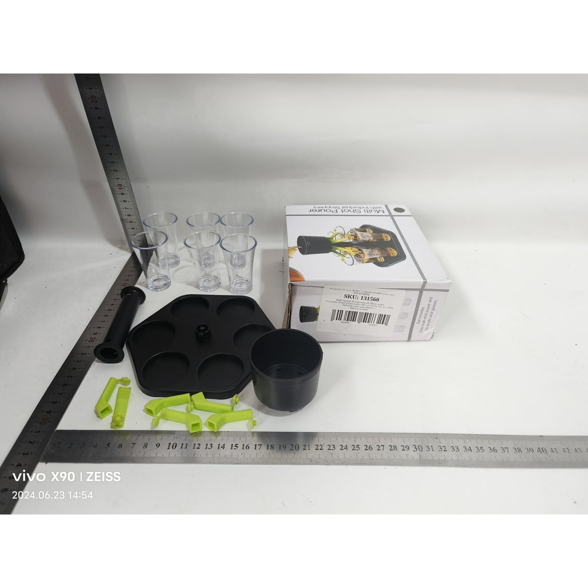 Dozator Hexagonal pentru Shoturi, Dispenser si Divizor de Bauturi cu Suport, Set Complet cu 6 Pahare din Sticla, Negru