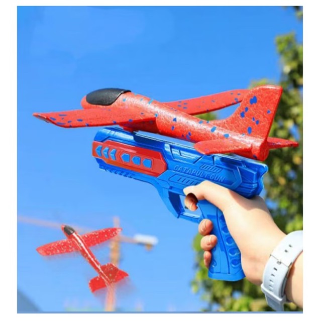 Pistol cu Lansator de Avion pentru Copii, Raza de Lansare 10 m cu Lumini, Plastic si Spuma PPE, 24 cm, Albastru/Rosu, 3+ Ani