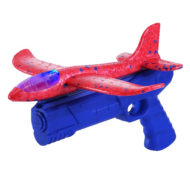 Pistol cu Lansator de Avion pentru Copii, Raza de Lansare 10 m cu Lumini, Plastic si Spuma PPE, 24 cm, Albastru/Rosu, 3+ Ani