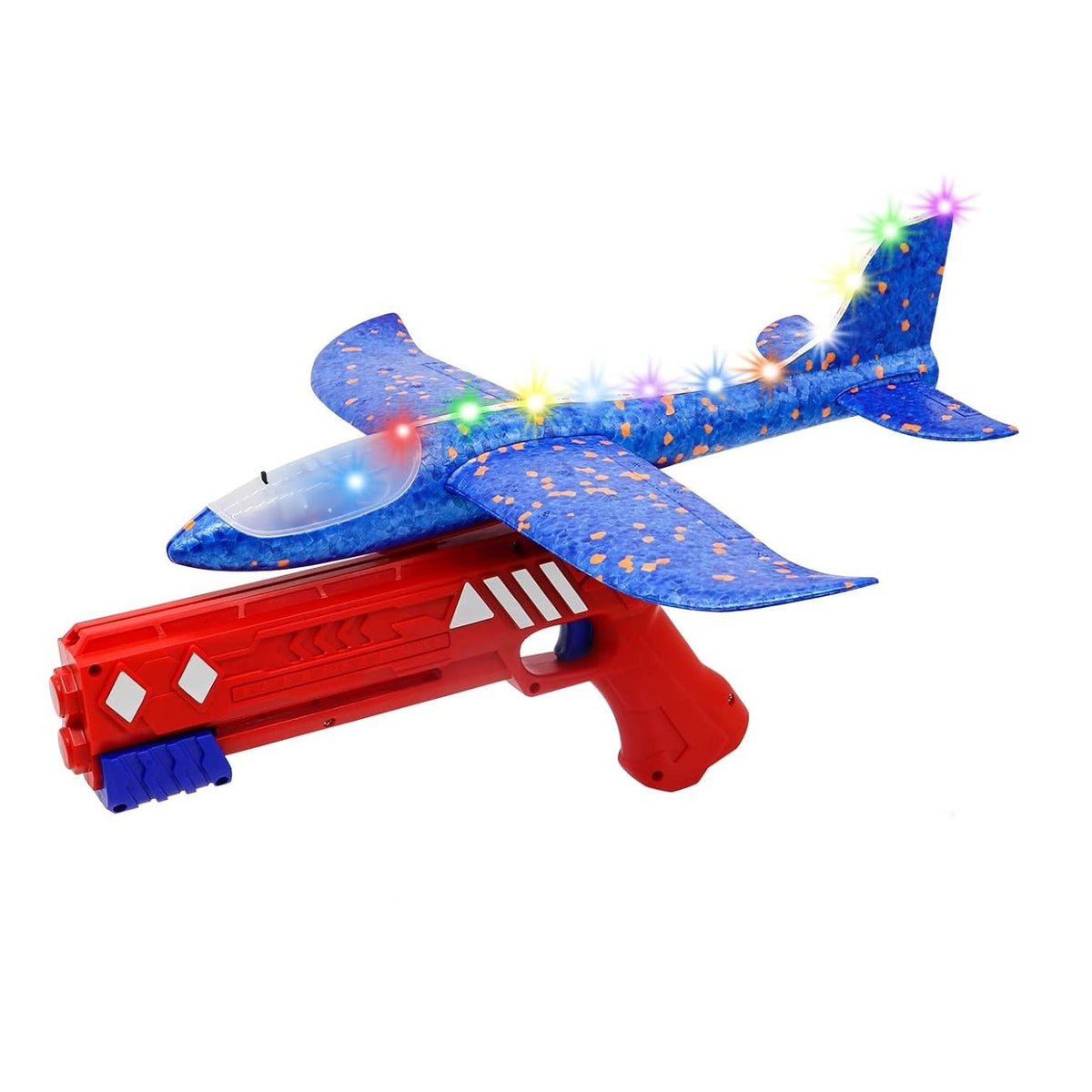 Pistol cu Lansator de Avion, Jucarie Interactiva cu Lumini si Roti, Distanta Lansare 10 m, Plastic si Polistiren, Avion 38 cm, Rosu/Albastru, +3 Ani