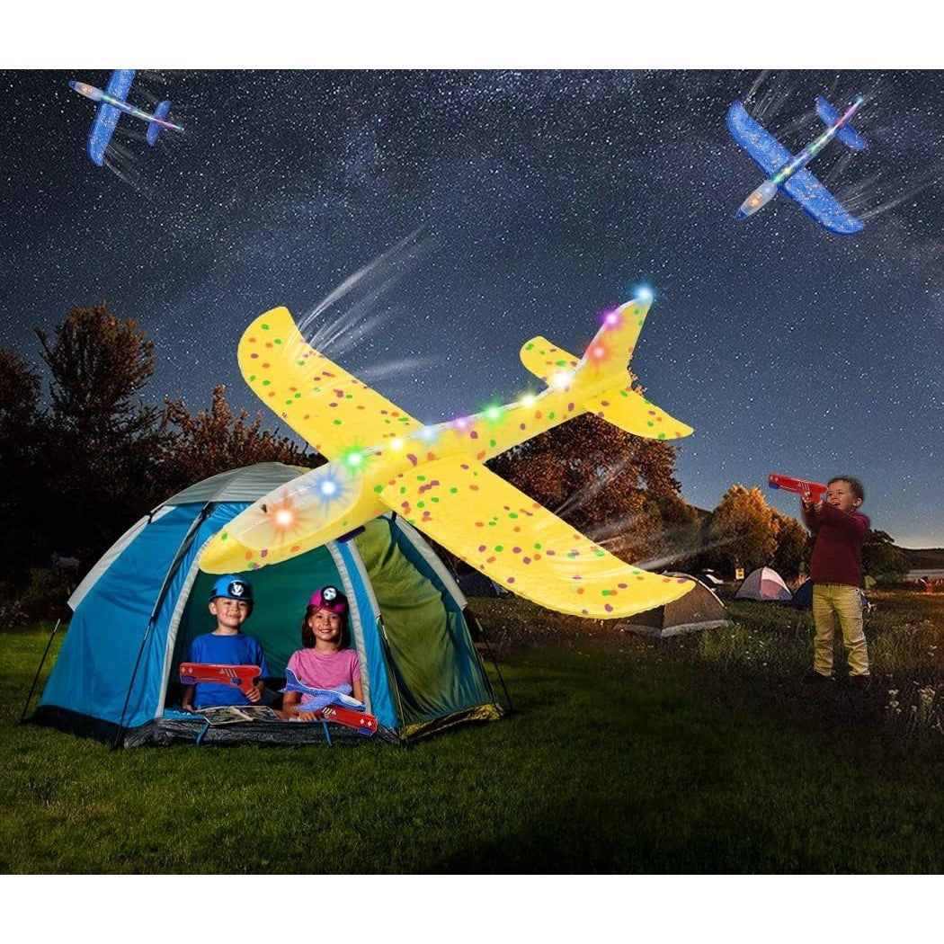 Pistol cu Lansator de Avion pentru Copii, Distanta Lansare 10 m, Efecte Luminoase si Roti, Material Plastic si Spuma PPE, 3+ Ani, 38 cm, Galben/Albastru