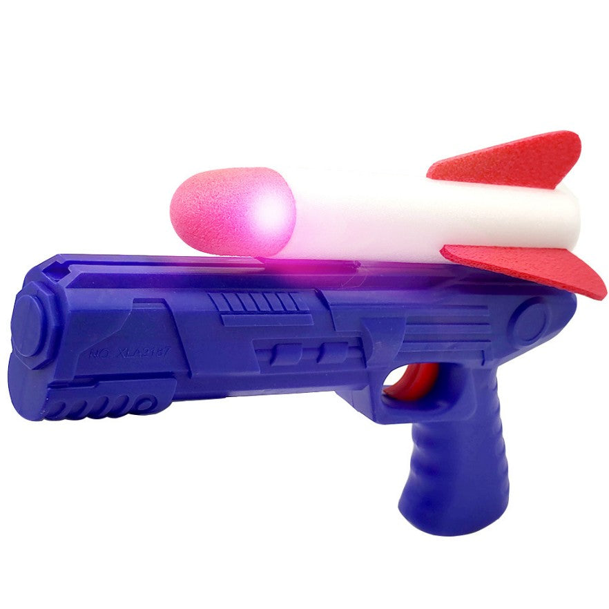 Pistol de Jucarie cu Lansator de Racheta, Lumina LED Interactiva, Plastic si Polistiren, Varsta +3 Ani, Albastru/Rosu