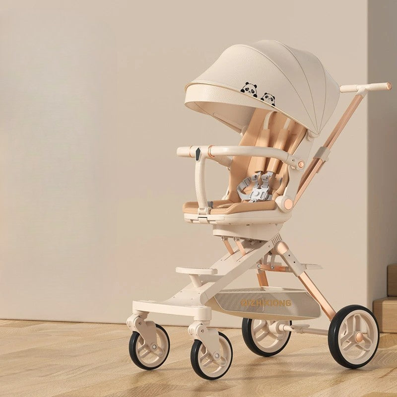 Cărucior Sport 3 în 1, Scaun Masă și Pat Dormit, Sezut Rotativ 360 Grade, Pliabil, Cadru Aluminiu, 6-36 Luni, Crem/Panda, 64 x 35 x 100 cm