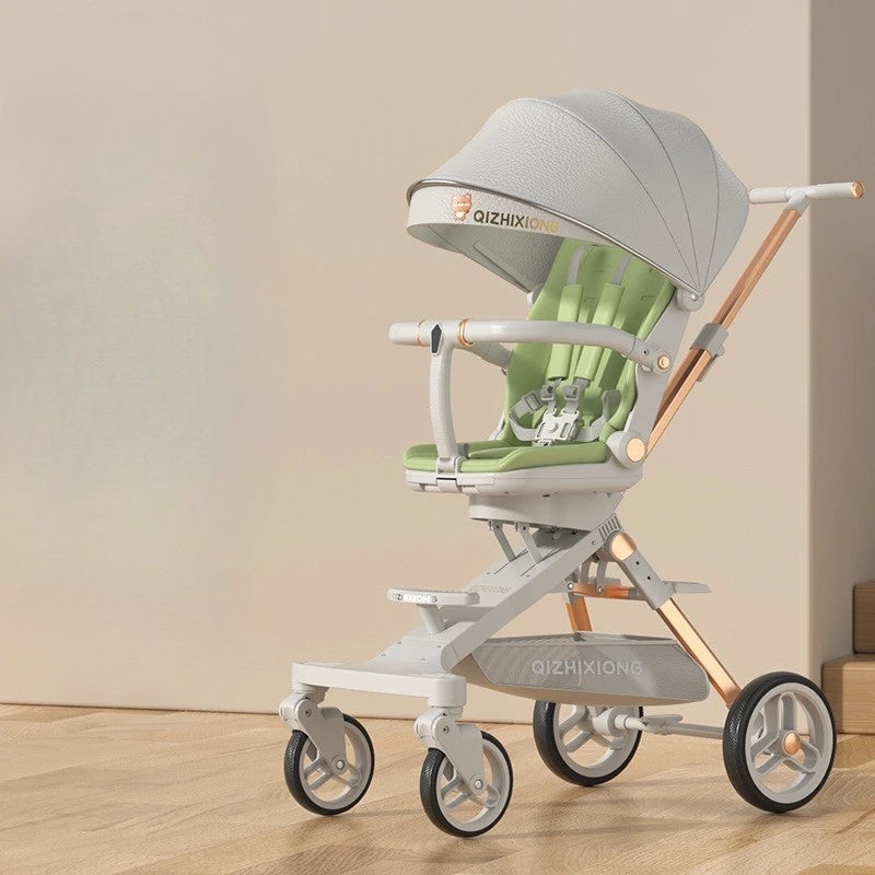 Carucior Sport 3 in 1, Scaun de Masa si Pat de Dormit, Pliere Rapida, Sezut Rotativ 360 Grade, Cadru Aluminiu, 6-36 Luni, Gri/Verde