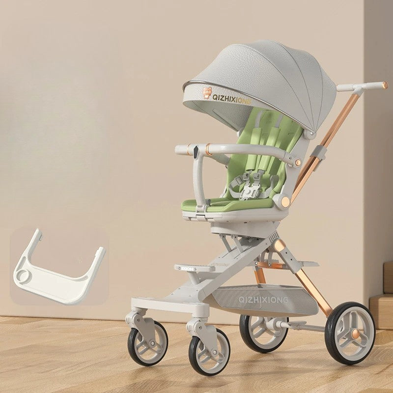 Carucior Sport 3 in 1, Scaun de Masa si Pat de Dormit, Pliere Rapida, Sezut Rotativ 360 Grade, Cadru Aluminiu, 6-36 Luni, Gri/Verde