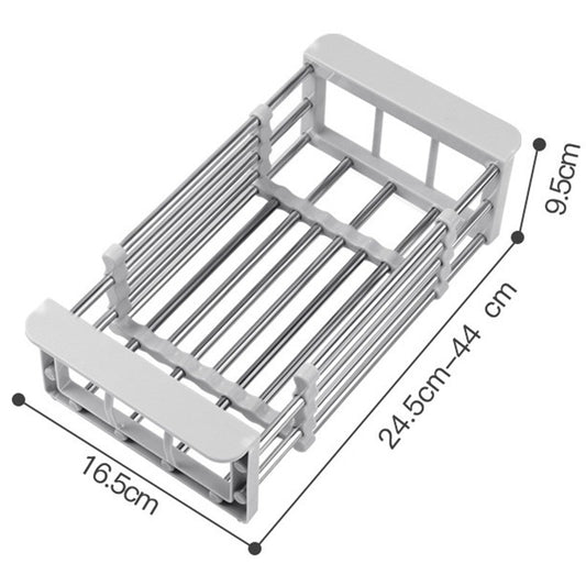Suport Scurgere Extensibil pentru Bucatarie, Uscator Vase si Tacamuri, Organizator Fructe si Legume, Otel Inoxidabil, 24.5 x 16.5 x 9.5 cm, Gri Deschis