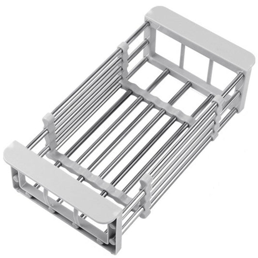 Suport Scurgere Extensibil pentru Bucatarie, Uscator Vase si Tacamuri, Organizator Fructe si Legume, Otel Inoxidabil, 24.5 x 16.5 x 9.5 cm, Gri Deschis