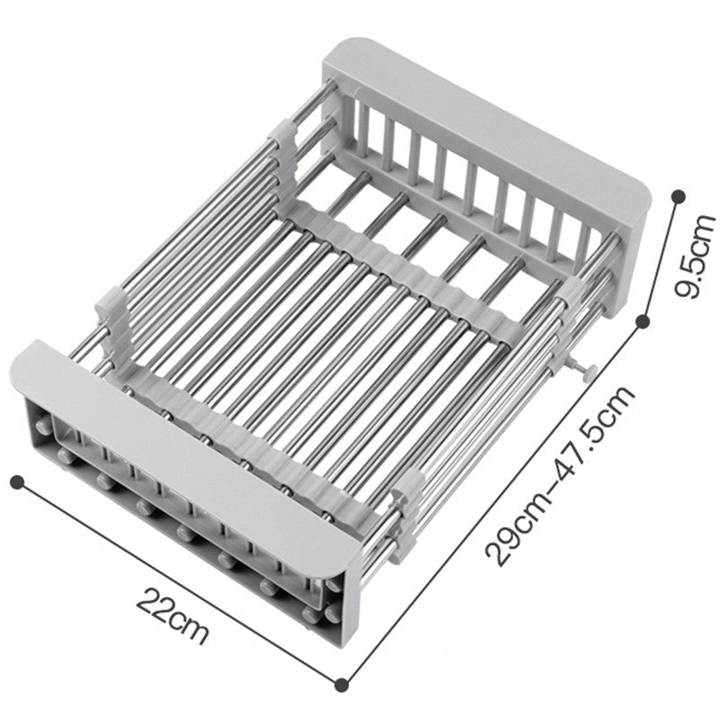 Suport Scurgere Vase Extensibil pentru Bucatarie, Uscator Chiuveta pentru Tacamuri si Fructe, Otel Inoxidabil, Rezistent la Coroziune, 29 x 22 x 9.5 cm, Gri